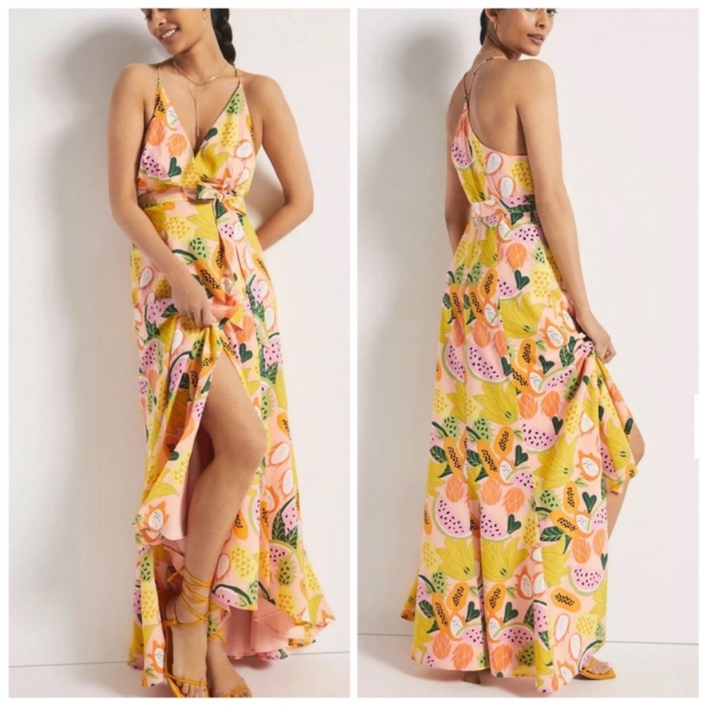 Hutch Anthropologie Tropical Fruits High Low Wrap Maxi Dress Medium